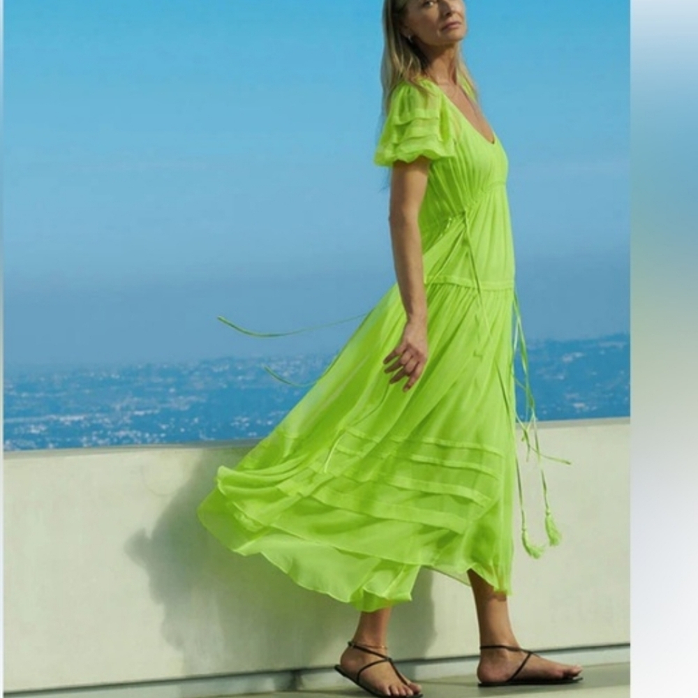 Nwpt la ligne + Isabelle NYC Ethereal Silk Highlighter Neon Maxi Dress Slime m